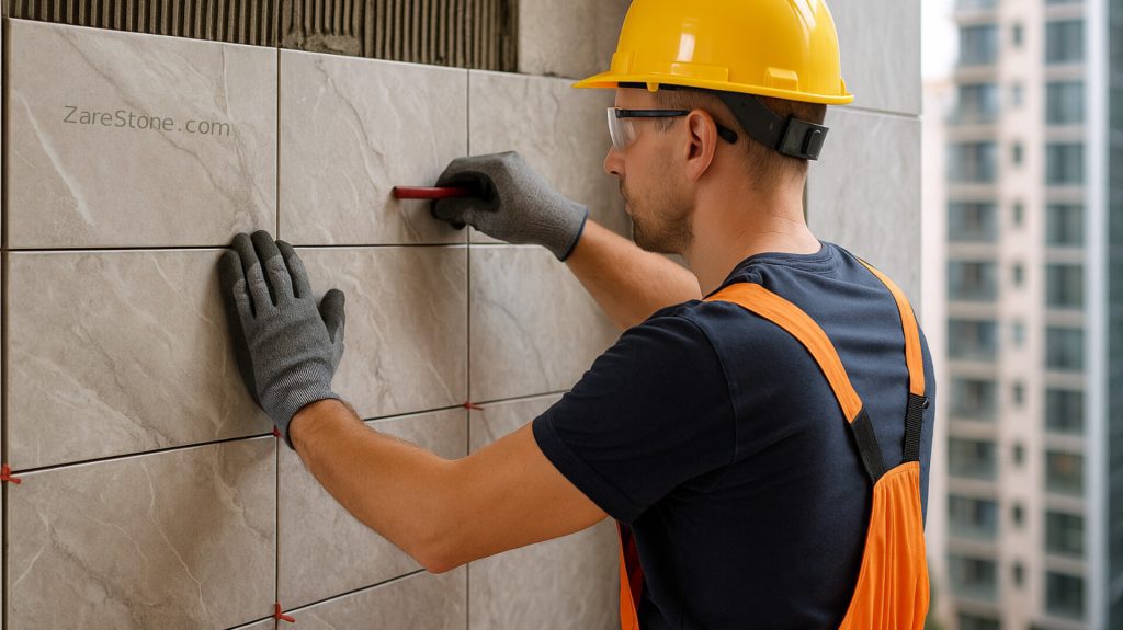اجرای بندکشی سنگ طبیعی با دوغاب درزگیر در نمای نزدیک